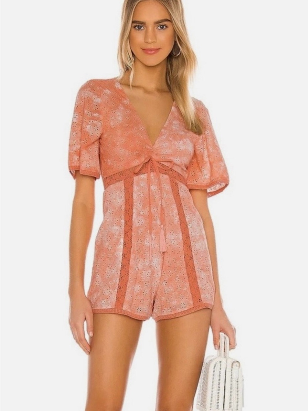 Tularosa Peach Eyelet Dress with Floral Cutwork
